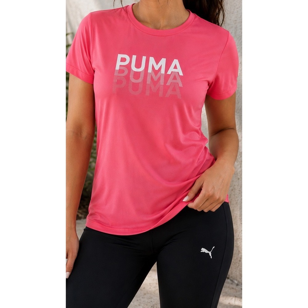 Puma Womens Pink Short Sleeve Graphic Logo Activewear Training T-Shirt Size L